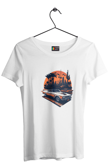 Футболка жіноча з принтом "Гарне авто на закаті". Авто, закат, захід сонця, солнце, сонце. 2070702