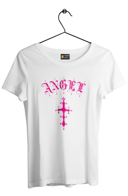 Women's t-shirt with prints Logo Angel. Angel, cross, gothic, gothick style, logo, pink. 2070702