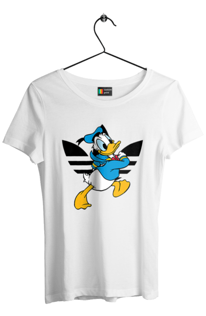 Футболка женская с принтом Adidas Дональд Дак. Adidas, daisy duck, donald duck, адидас, дейзи дак, дональд дак, мультсериал, мультфильм. 2070702