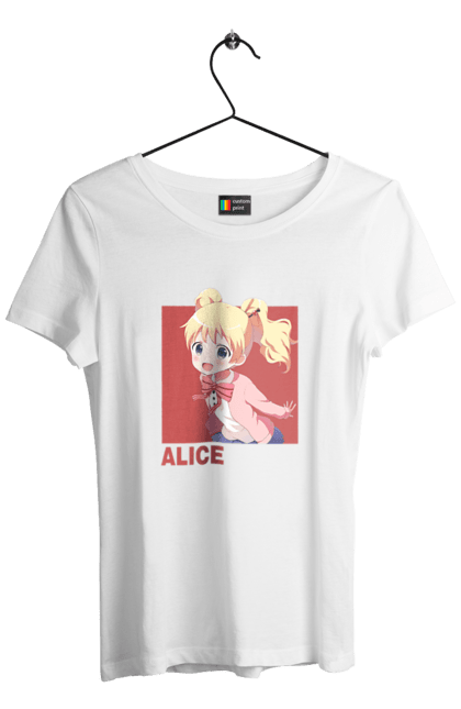 Футболка женская с принтом Золотая мозаика Алиса Картелет. Alice cartelet, anime, kiniro mosaic, kinmoza, manga, алиса, алиса картелет, аниме, золотая мозаика, манга. 2070702