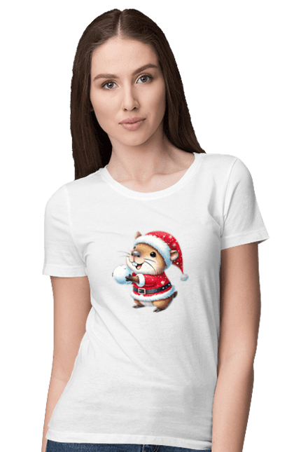 Women's t-shirt with prints Capybara playing snowballs. Animal, capybara, christmas, christmas capybara, game, gift, holiday, new year, santa, snowballs. 2070702