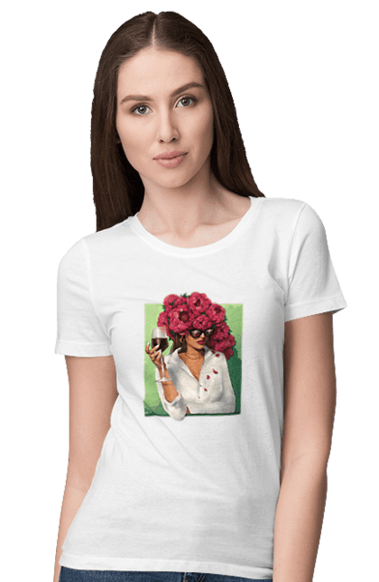 Women`s t-shirt with prints Girl with peonies and a glass. Flower, girl, glasses, goblet, peonies, shirt, summer, wine. 2070702