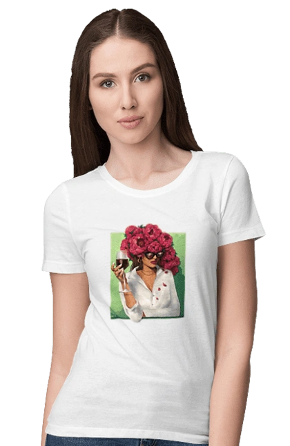 Girl with peonies and a glass