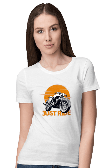 Футболка жіноча з принтом "Мотоцикл, Просто Їдь". Дорога, їзда, мотоцикл. KRUTO.  Магазин популярних футболок