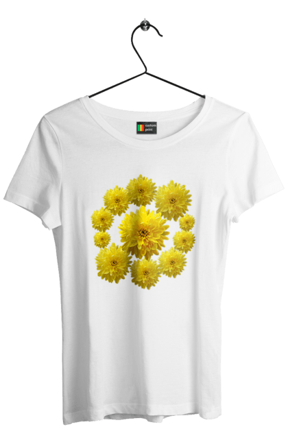 Футболка жіноча з принтом "Хризантеми жовті". Квіти, літо, подарунок, природа, рослини, хризантеми. futbolka.stylus.ua