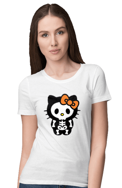 Футболка жіноча з принтом "Хелло Кітті Хелловін". Halloween, hello kitty, zombie, бренд, зомбі, кошеня, персонаж, скелет, хелло кітті, хелловін. 2070702