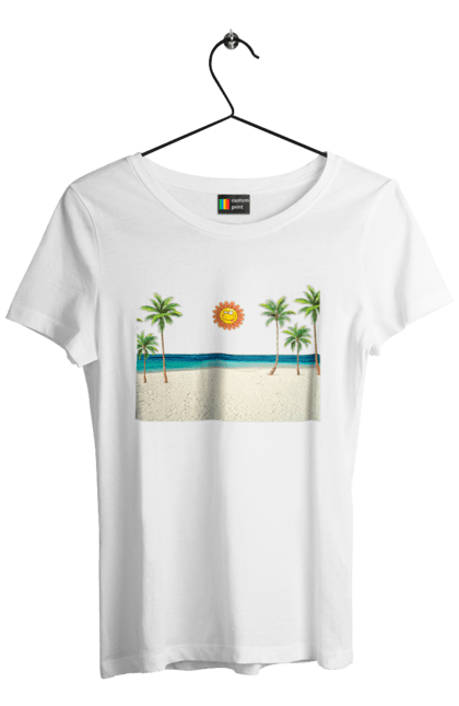 Футболка жіноча з принтом "Гавайський Пляж". Гаваї, літо, море, пальми, пляж, сонце. CustomPrint.market