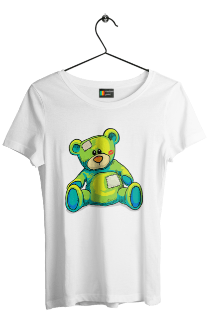 Футболка женская с принтом Плюшевый мишка. Cute, kisses, patches, teddy, teddy bear, vintage, игрушка, мишка, плюшевый мишка, подарок. 2070702