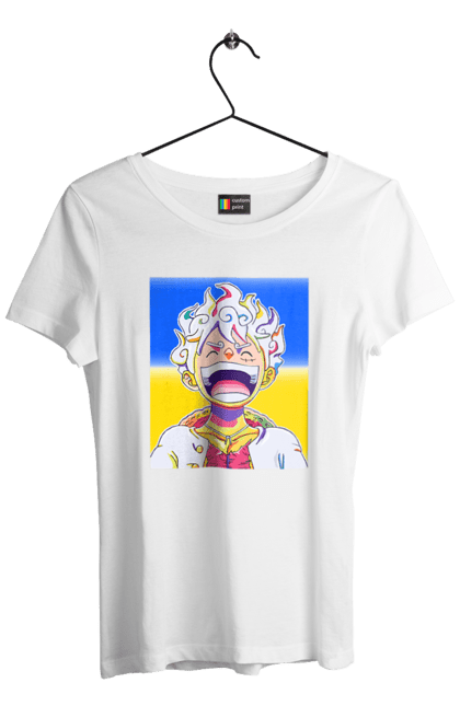 Футболка женская с принтом Монки д Луффи смеется на желтом синем фоне.. Ван пис, луффи, монки д. луффи, символ украины, украина, флаг украины. 2070702