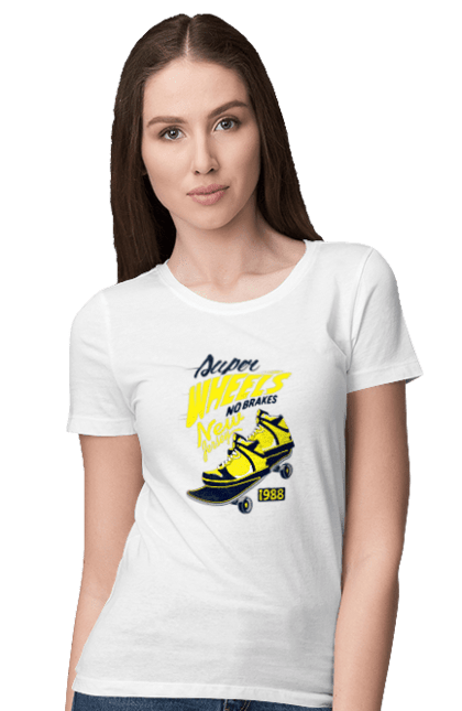 Women's t-shirt with prints Wheels Without Brakes, Skate. Riding, skate, sneakers, wheels. CustomPrint.market