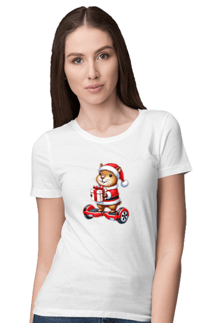 Women's t-shirt with prints Christmas Capybara with a Gift. Animal, capybara, christmas, christmas capybara, gift, holiday, new year, new year`s gift, santa. 2070702