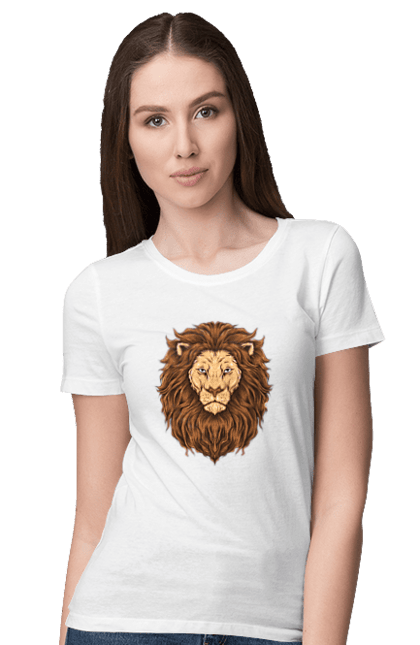 Футболка жіноча з принтом "Цар звірів". Голова лева, джунглі, лев, тварини, цар звірів. ART принт на футболках