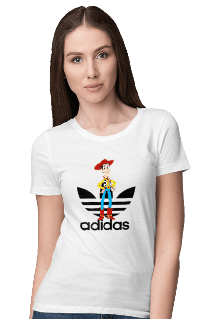 Футболка женская с принтом Adidas Вуди. Adidas, toy story, woody, адидас, вуди, история игрушек, мультфильм. 2070702