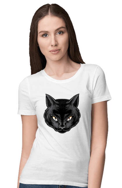 Футболка жіноча з принтом "Чорна кішка". Голова кішки, кіт, кішка, чорна кішка, чорний кіт. futbolka.stylus.ua