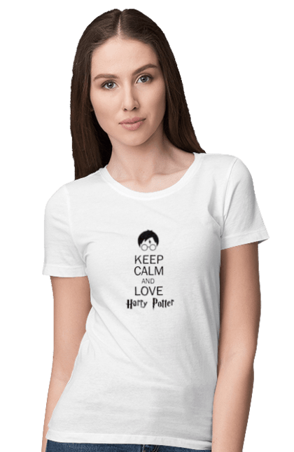 Футболка жіноча з принтом "Keep calm and love Harry Potter". Gryffindor, harry potter, hogwarts, keep calm, гаррі поттер, грифіндор, книга, фільм, франшиза, хогвартс. 2070702