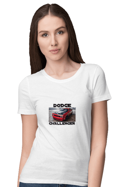 Футболка жіноча з принтом "Додж челенджер". Авто, автомобіль, американська легенда, додж челенджер, класичний автомобіль, культове авто, масл кар, потужний автомобіль. 2070702