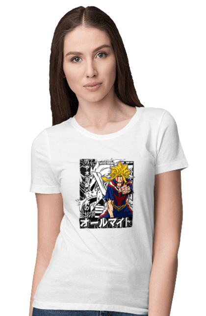 Футболка жіноча з принтом "Моя академія героїв Всемогутній". All might, my hero academia, yagi toshinori, академія юей, аніме, всемогутній, манга, моя геройська академія, один за всіх, тошинорі ягі. 2070702