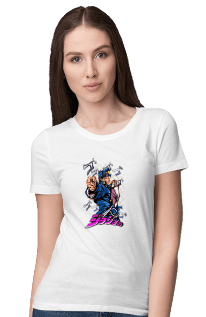 Women's t-shirt with prints JOJO Jotaro. Anime, jojo, jojo`s bizarre adventure, jojo’s bizarre adventure, jotaro, jotaro kujo, manga. 2070702