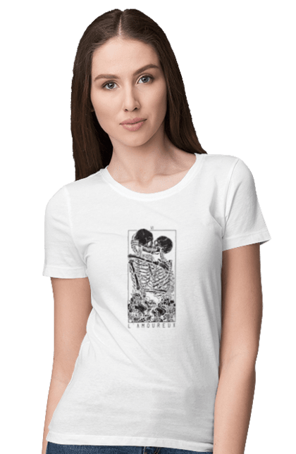 Women's t-shirt with prints Skeletons in love. Bones, kiss, love, scull, skeletons, tarot, teeth. 2070702