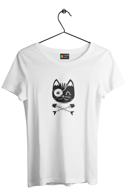 Футболка жіноча з принтом "Кіт пірат". Кістки, кіт, крутий малюнок, милі рисунки, пірати, риба, тварини, череп. 2070702