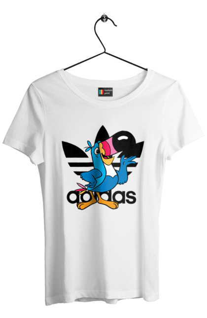 Футболка женская с принтом Adidas Тукан Сэм. Adidas, froot loops, toucan sam, адидас, москот, тукан сэм. 2070702