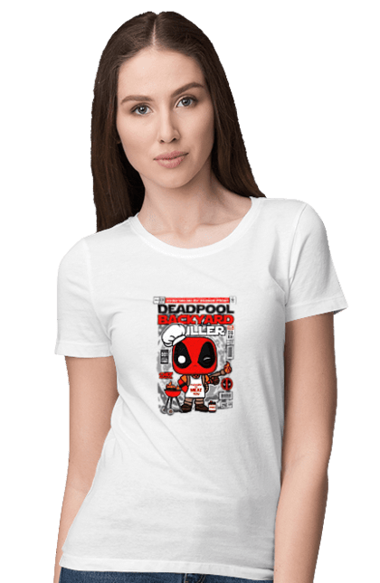 Футболка жіноча з принтом "Deadpool Backyard Griller". Басейн, герой, дедпул, дивуватися, комікси, мем, мертвий, плівка. Funkotee