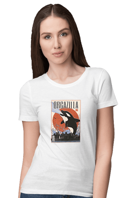 Women's t-shirt with prints Orcazilla. Cartoon style design, graphic, japan print, japanese, japanese art, japanese poster, japanese poster orca, ocean wildlife, orca, orcazilla. 2070702