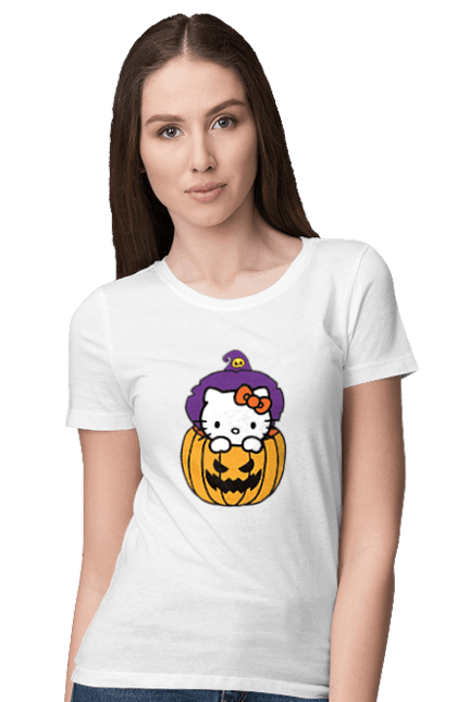 Футболка женская с принтом Хелло Китти Хэллоуин. Halloween, hello kitty, witch, бренд, ведьма, кот, котенок, персонаж, хелло китти, хэллоуин. 2070702