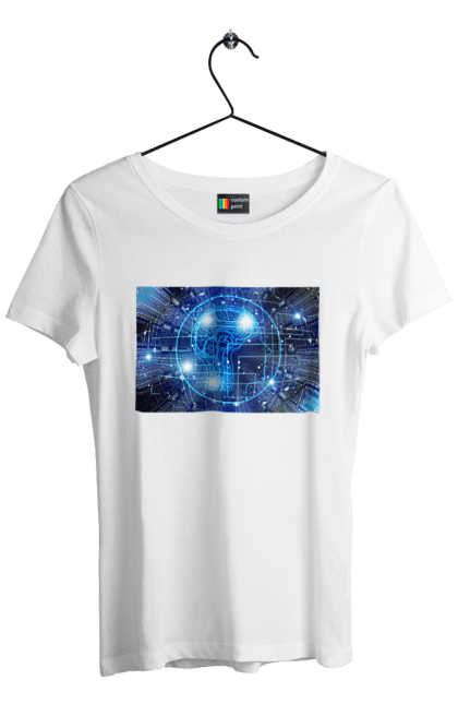 Футболка жіноча з принтом "Штучний інтелект". Айті, айтішник, гік, знання, інженер, інтелект, кібер, кібернетика, кіборг, код, комп, комп`ютерник, кристал, машинне навчання, мікросхема, мозок, портрет, програміст, професіонал, професія, розробник, розум, хакер, чіп, штучний інтелект, штучний розум. 2070702