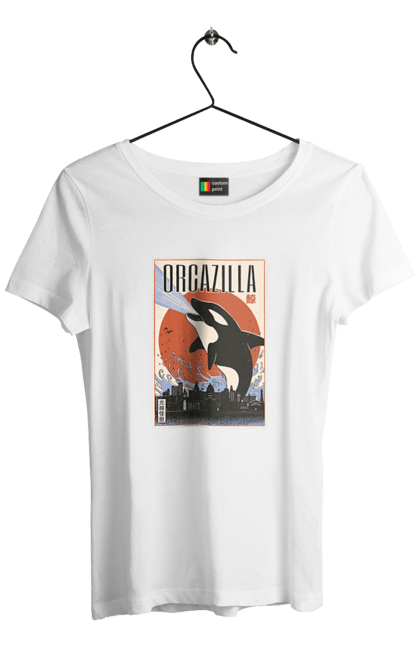 Women's t-shirt with prints Orcazilla. Cartoon style design, graphic, japan print, japanese, japanese art, japanese poster, japanese poster orca, ocean wildlife, orca, orcazilla. 2070702