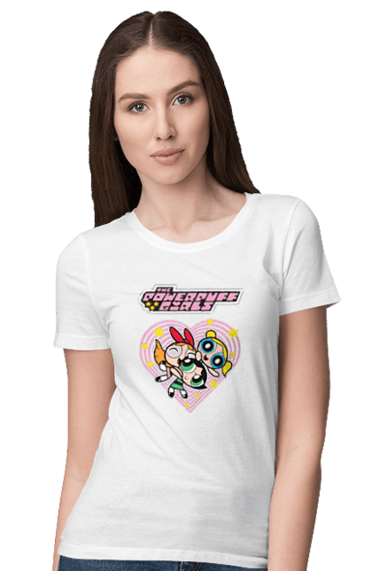 Women's t-shirt with prints Powerpuff Girls. Animated series, blossom, bubbles, buttercup, cartoon network, cool girls, heart, powerpuff girls. 2070702