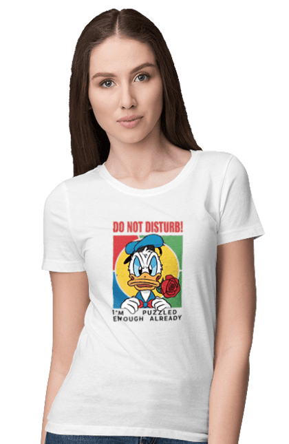 Футболка жіноча з принтом "Дональд Дак Не турбувати!". Disney, do not disturb, donald duck, дісней, дональд дак, мультсеріал, мультфільм, не турбувати. 2070702