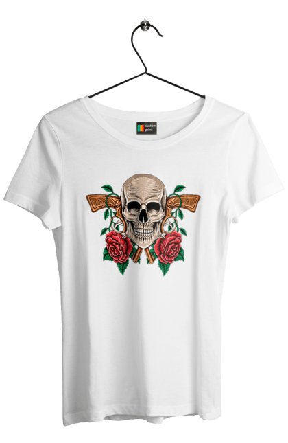 Women's t-shirt with prints Skull with roses. Bones, eyes, flowers, gun, leaves, rose flower, scull, spikes, teeth. 2070702