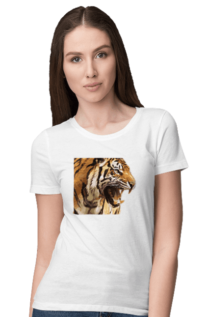 Футболка жіноча з принтом "Тигр". Велика кішка, великий кіт, дика природа, дикий, звір, зуби, паща, погляд, портрет, природа, стилізація, тварина, тигр, хижак. CustomPrint.market