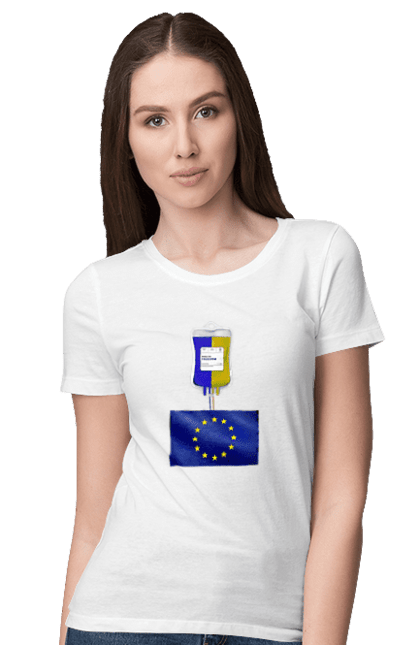 Футболка жіноча з принтом "Українська кров". Донор європи, європа, євросоюз, інтеграція, кандидат, ми захищаємо європу, ми разом, новий лого, україна, шлях до європи. CustomPrint.market