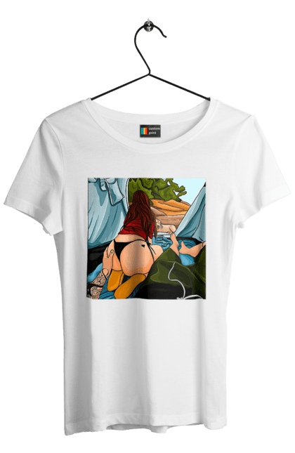 Футболка жіноча з принтом "Відпочинок З Улюбленою У Палатці". Відпочинок, жопа, палатка, собака. 2070702