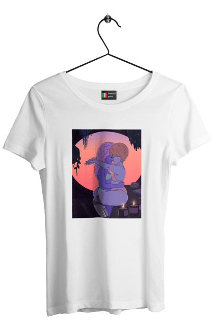 Футболка женская с принтом Фиолетовые Девушки Обнимаются. Закат, обними. 2070702