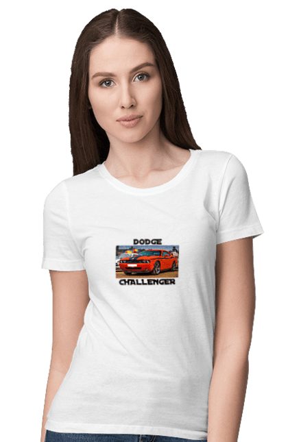 Women`s t-shirt with prints Dodge challenger. Auto, car, classic car, cult car, dodge challenger, oil car, powerful car. 2070702