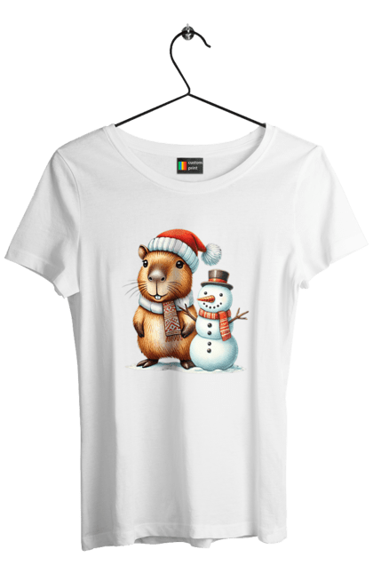 Women's t-shirt with prints Capybara and Snowman. Animal, capybara, christmas, christmas capybara, gift, holiday, new year, new year`s gift, santa, snowman. 2070702