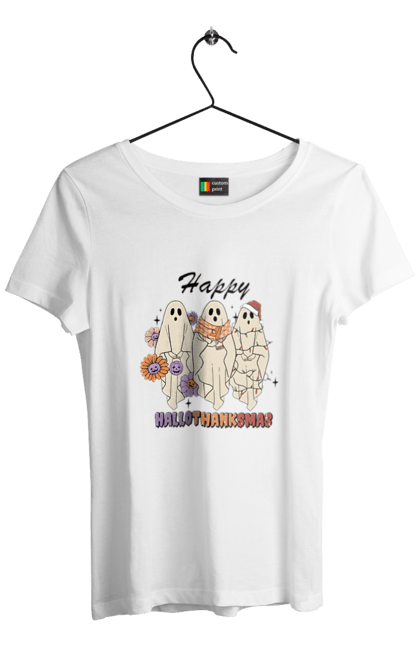 Women's t-shirt with prints Halloween Ghost. Costume, ghost, halloween, holiday, october, october 31, scary, sweets, trick or treat. 2070702