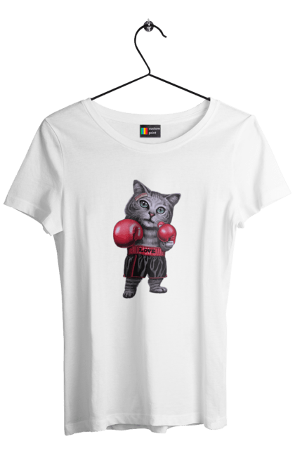 Футболка жіноча з принтом "Бокс". Бокс, кіт, рукавички, удар. CustomPrint.market