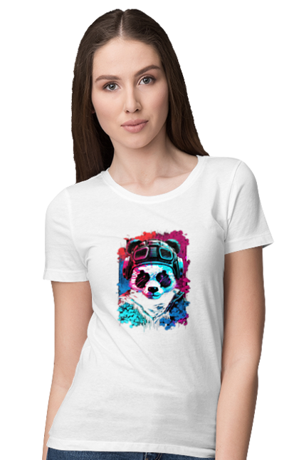 Футболка жіноча з принтом "Панда в VR шолом". Віртуальна реальність, гік, панда, персонаж, шолом. 2070702