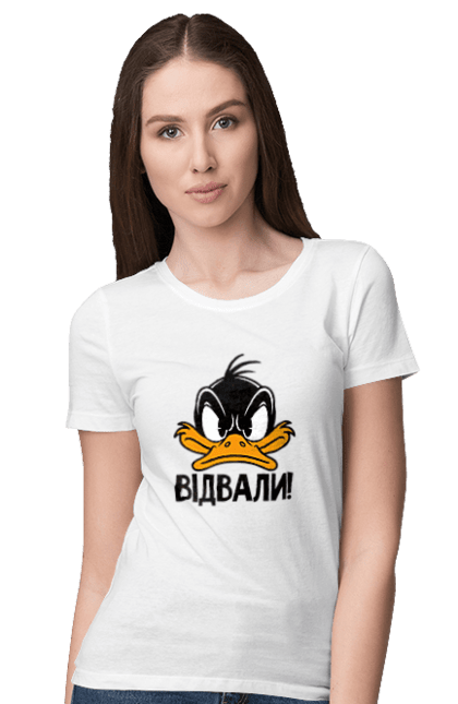 Футболка жіноча з принтом "Даффі Дак Відвали". Даффі дак, дісней, жовте каченя, каченя, качка, качки, качкодзьоб, смішне, українське. 2070702