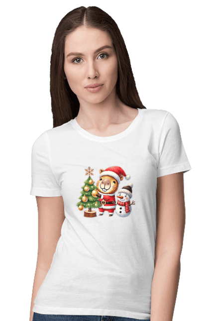 Women's t-shirt with prints Christmas Capybara with a Tree. Animal, capybara, christmas, christmas capybara, christmas tree, gift, holiday, new year, new year`s gift, santa. 2070702