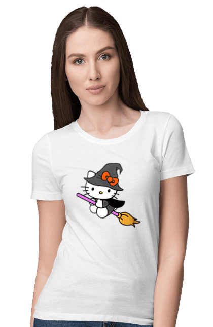 Women's t-shirt with prints Hello Kitty Halloween. Brand, cat, character, halloween, hello kitty, kitten, kitty, witch. 2070702