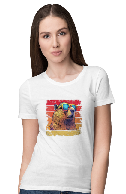 Women's t-shirt with prints Capybara. Animal, capybara, glasses, rodent. 2070702