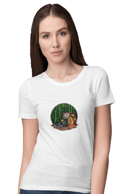 Women`s t-shirt with prints Cat programmer. Aitі, angular, c, code, css, html, humor, it, it specialist, javascript, jquery, koduvati, php, proger, programmer, programmers, python, react, svelt, type programmer, vue, you. 2070702