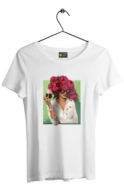 Women`s t-shirt with prints Girl with peonies and a glass. Flower, girl, glasses, goblet, peonies, shirt, summer, wine. 2070702