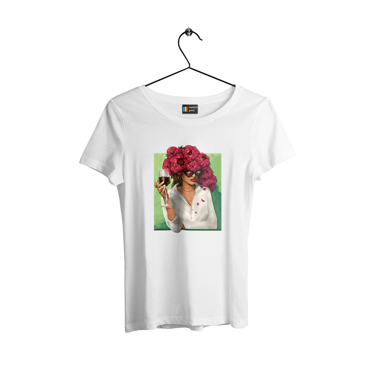 Girl with peonies and a glass