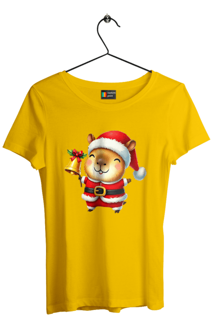 Women's t-shirt with prints Funny capybara with a bell. Animal, bell, capybara, christmas, christmas capybara, gift, holiday, new year, new year`s gift, santa. 2070702